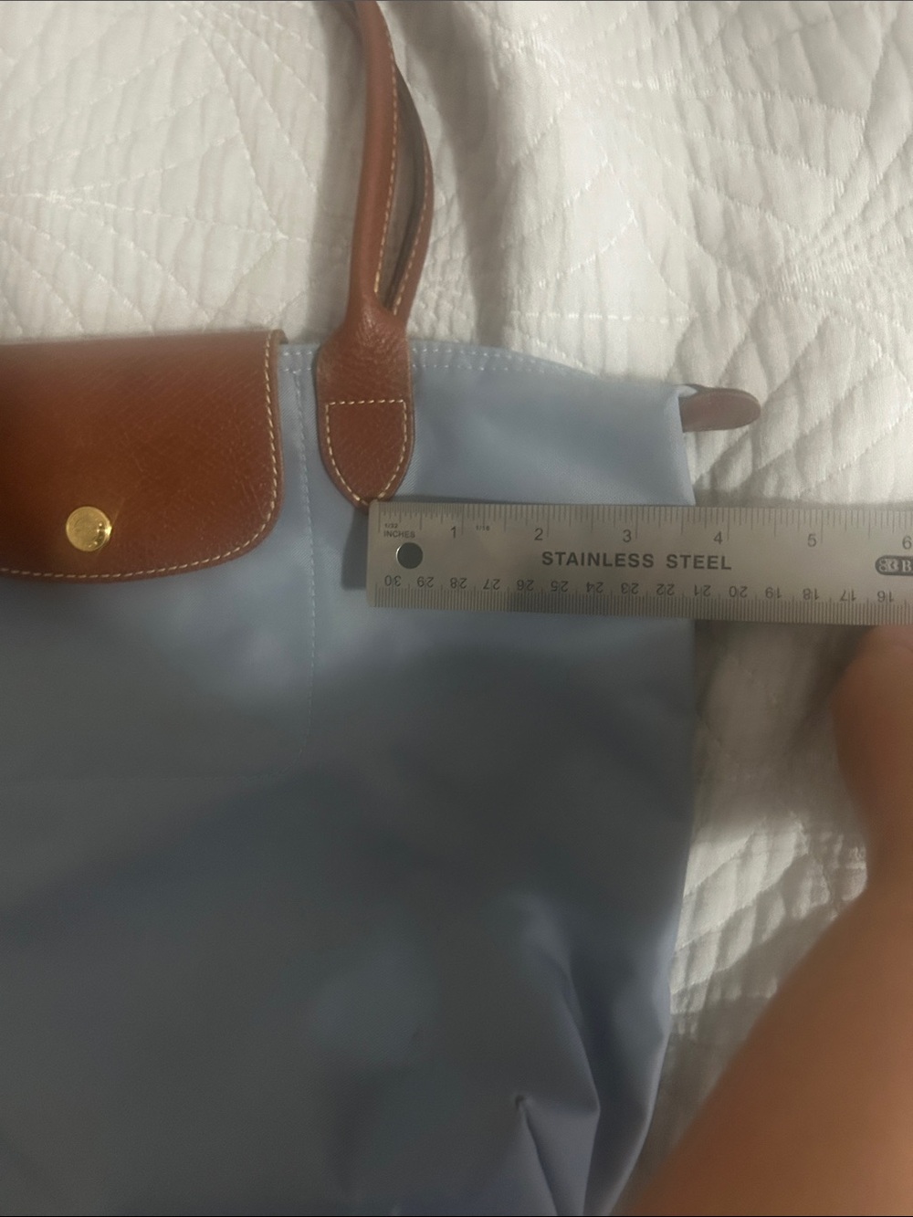 Longchamp Light Blue Nylon Tote with Brown Leather Trim - Picture 15 of 16